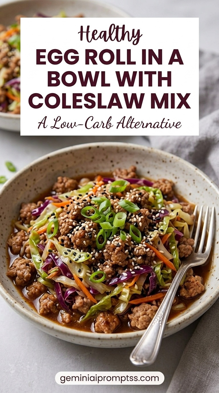 Egg Roll in a Bowl with Coleslaw Mix showing ground pork with cabbage, carrots, onion, ginger, garlic, scallions, sesame, and savory sauce