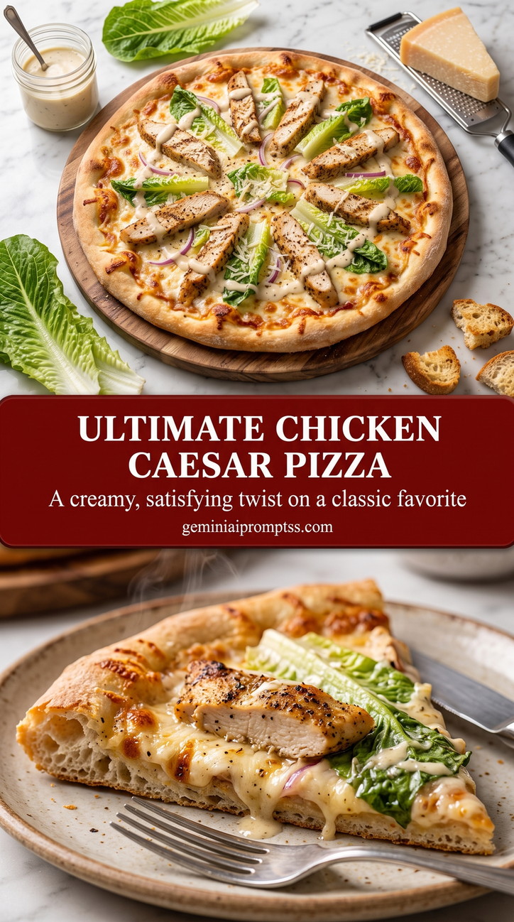 Chicken Caesar Pizza with seasoned chicken with crisp romaine, Parmesan, creamy Caesar dressing, and crunchy bread pieces