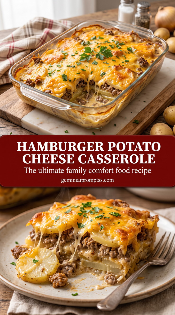 hamburger potato cheese casserole with a layered hamburger potato casserole with sliced potatoes, ground beef, onion, creamy sauce, melted cheddar, and herbs