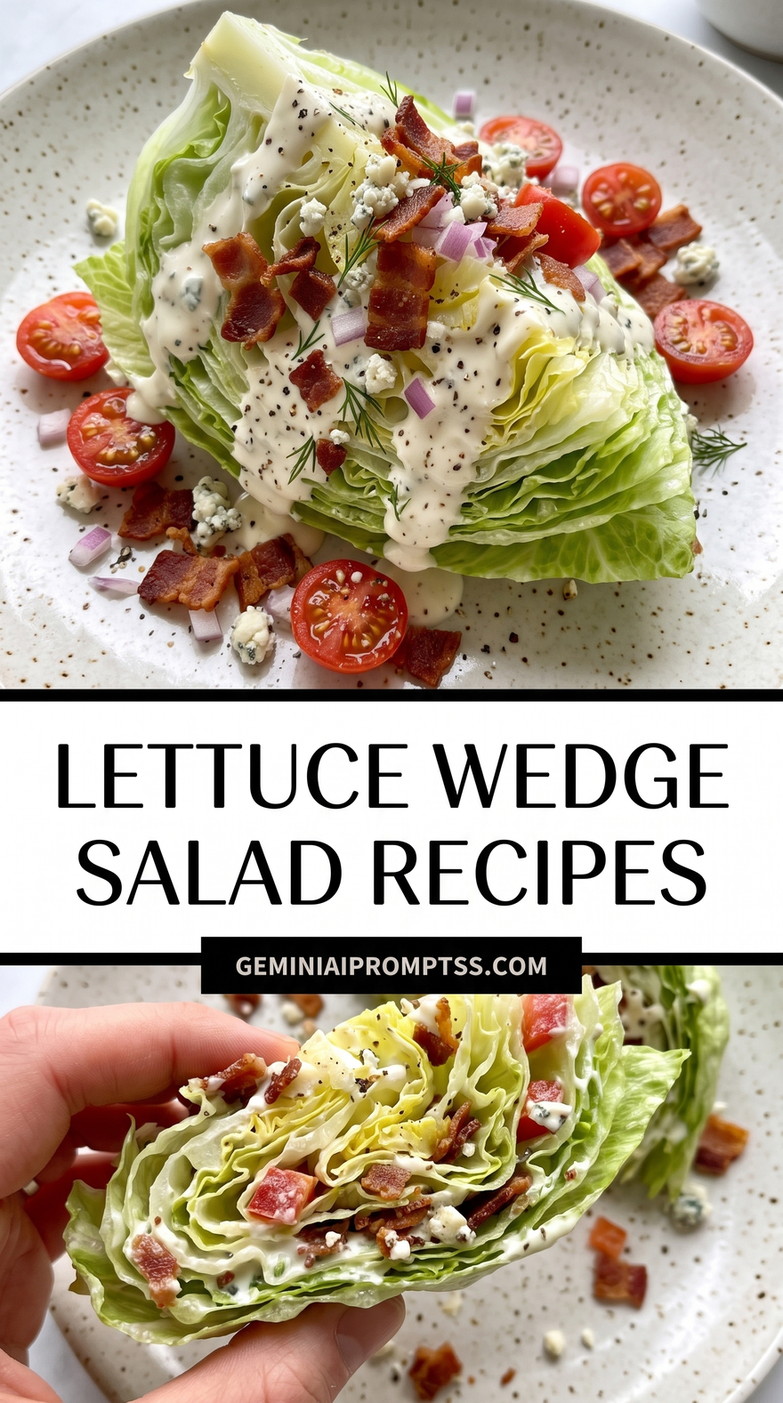 Lettuce Wedge Salad Recipes showing large iceberg wedge coated with creamy dressing, bacon, blue cheese and cherry tomatoes