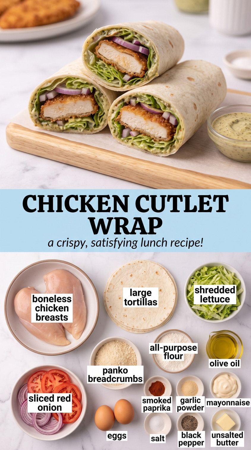 Chicken Cutlet Wrap Recipe showing crispy chicken cutlets rolled in tortillas with lettuce, red onion and creamy sauce