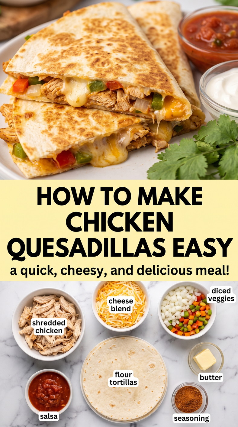 How to make chicken quesadillas easy showing golden crisp quesadillas with melted cheese and a savory filling