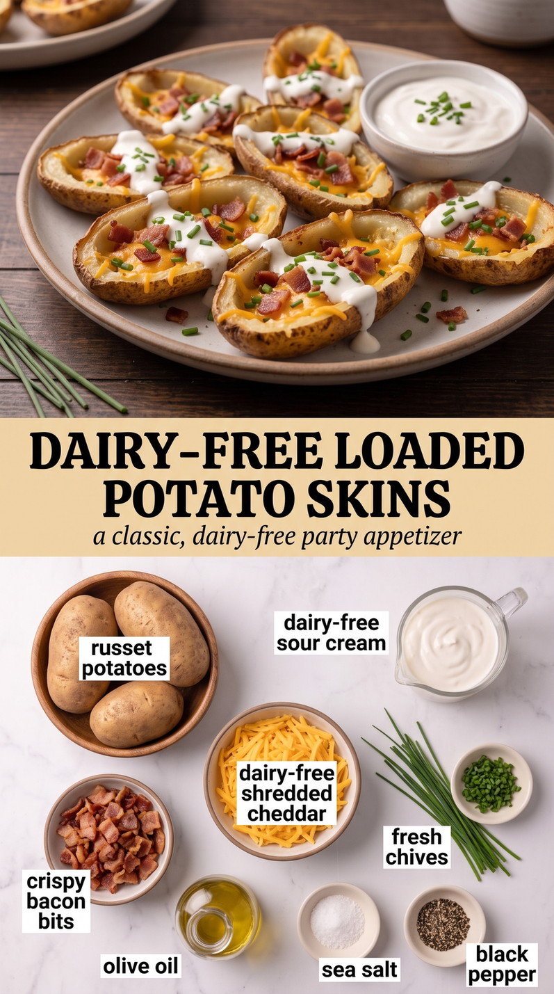 Dairy-free Super Bowl Party Food with dairy-free loaded potato skins with crisp bacon, plant-based cheddar and sour cream, chives, olive oil, salt, and pepper