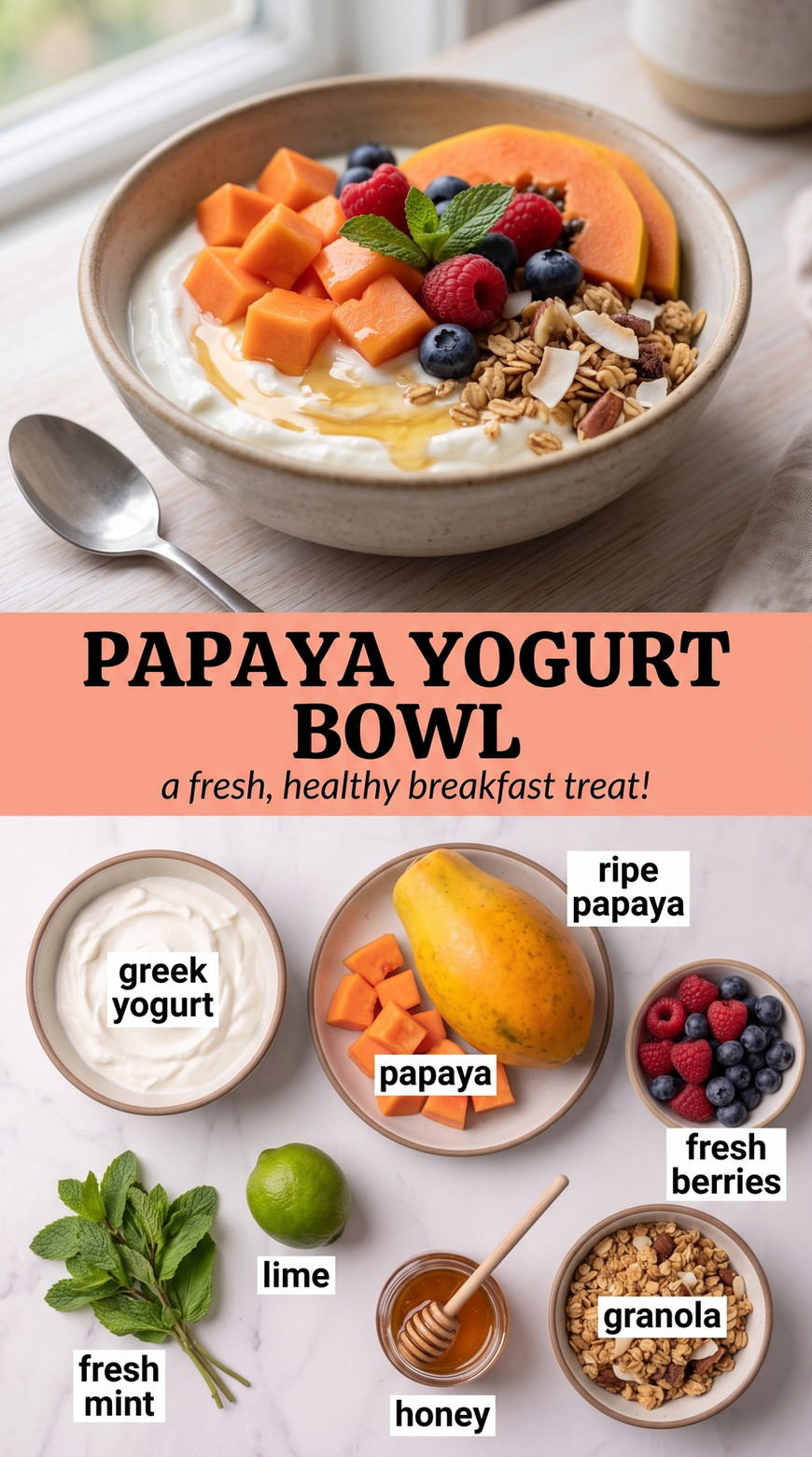 Papaya Yogurt Bowl showing Greek yogurt with papaya, berries, granola, honey, lime, and mint