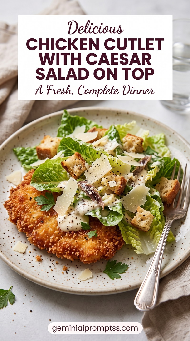 Chicken Cutlet with Caesar Salad on Top with golden chicken, crisp romaine, Parmesan, creamy Caesar-style dressing, and crunchy elements such as croutons or toasted bread