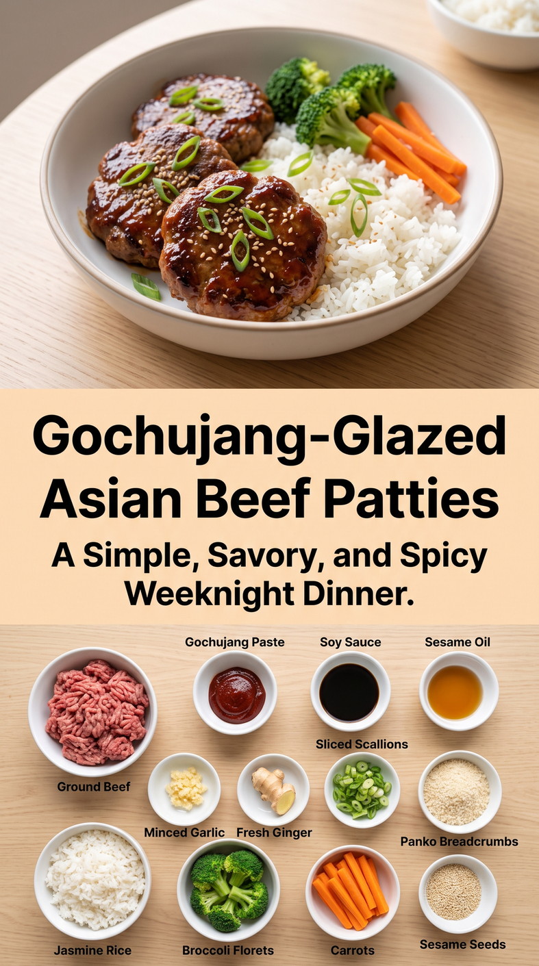 Asian Hamburger Meat Recipes with gochujang-glazed beef patties with rice, broccoli, carrots, scallions, and sesame