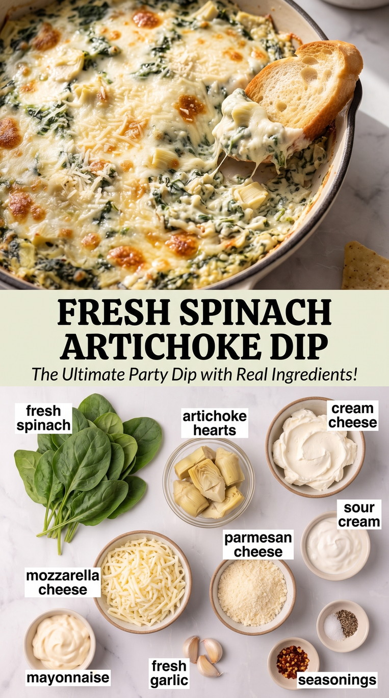 Fresh spinach artichoke dip finished dish made with fresh spinach, artichoke hearts, and cream cheese