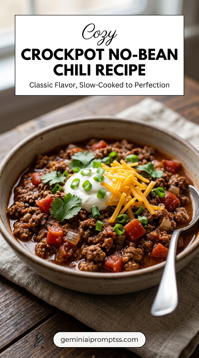 Crockpot No-Bean Chili Recipe showing a no-bean crockpot beef chili with peppers, tomatoes, cheddar, sour cream, scallions, and cilantro