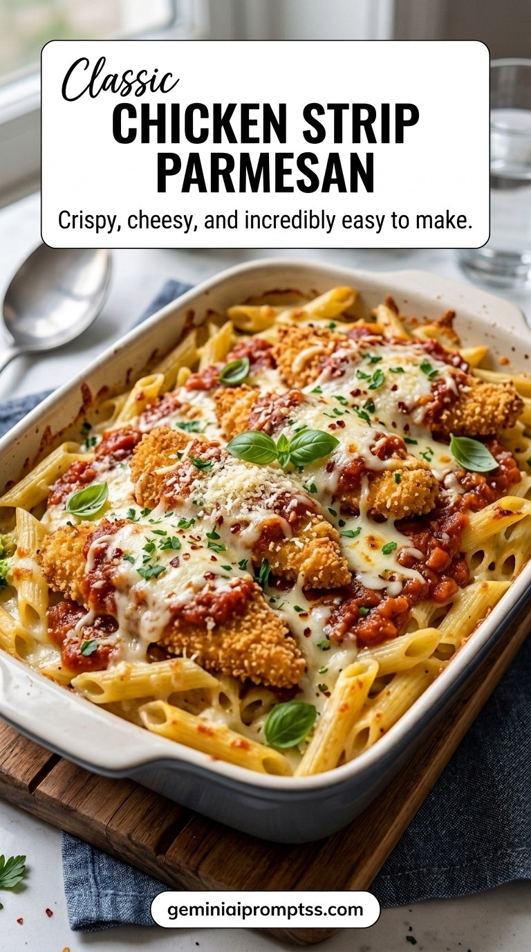 Chicken Strip Parmesan Recipe finished recipe with chicken strips that cook quickly