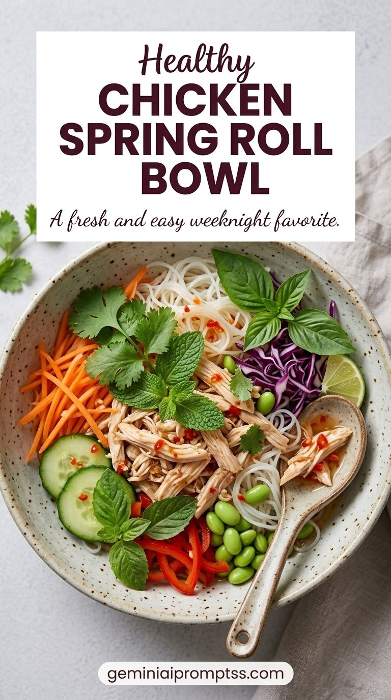 Chicken Spring Roll Bowl showing chicken, rice noodles, cucumber, carrots, red cabbage, herbs, peanuts, and peanut sauce