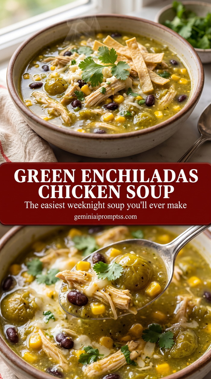 Green enchiladas chicken soup showing a hearty chicken tortilla soup with colorful toppings and crisp strips
