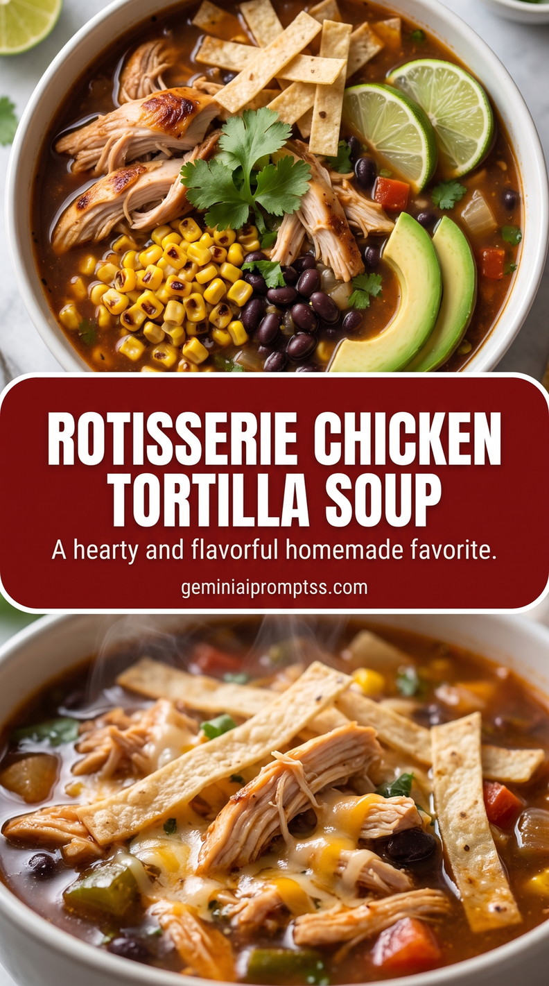 rotisserie chicken tortilla soup with shredded chicken, black beans, corn, tomatoes, lime, and crisp tortilla strips