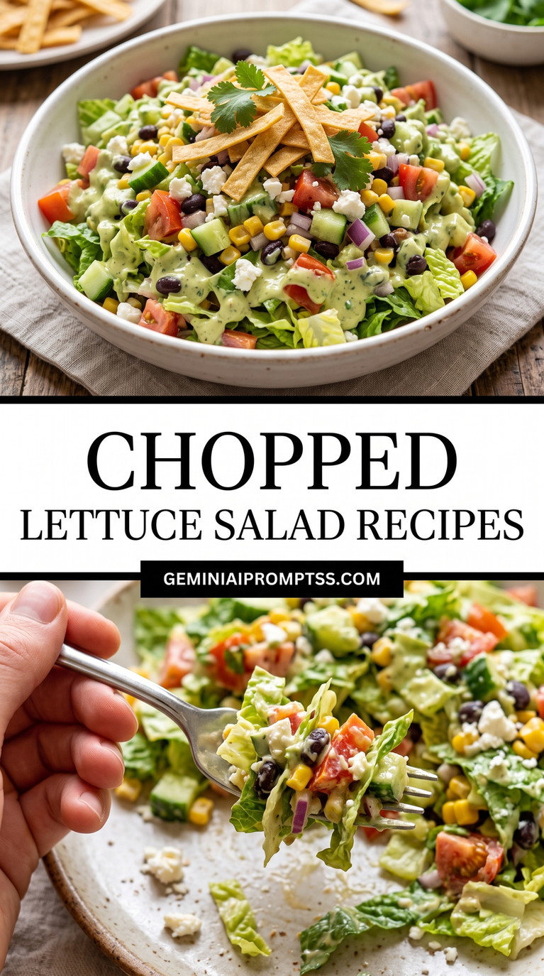 Chopped Lettuce Salad Recipes showing finely chopped lettuce with corn, black beans, avocado, tomatoes, colorful peppers, tortilla strips and white cheese
