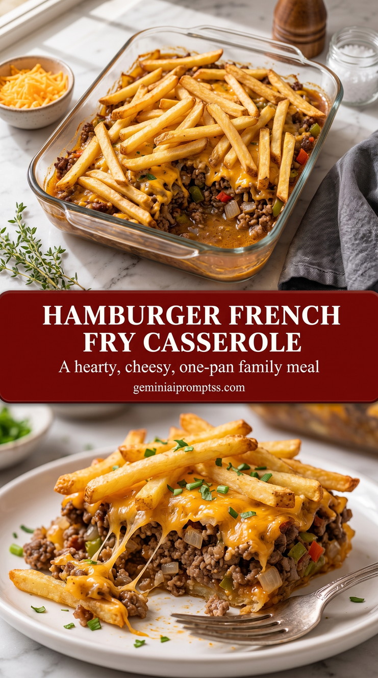 hamburger french fry casserole with a hamburger casserole topped with crisp French fries, with beef, peppers, onion, melted cheddar, and herbs underneath