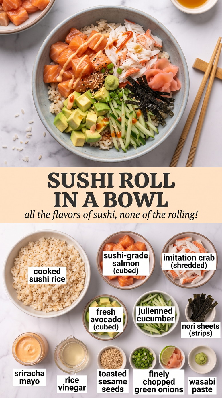 Sushi Roll in a Bowl showing salmon, sushi rice, avocado, cucumber, nori, spicy mayonnaise, sesame, and scallions