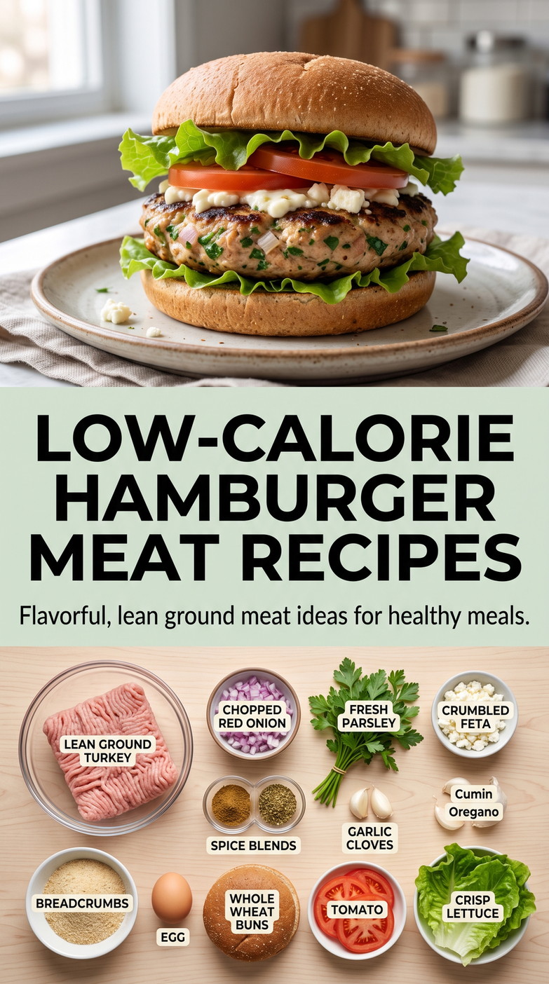 Low-calorie Hamburger Meat Recipes with lean turkey burgers with feta, parsley, red onion, tomato, lettuce, and whole-wheat buns