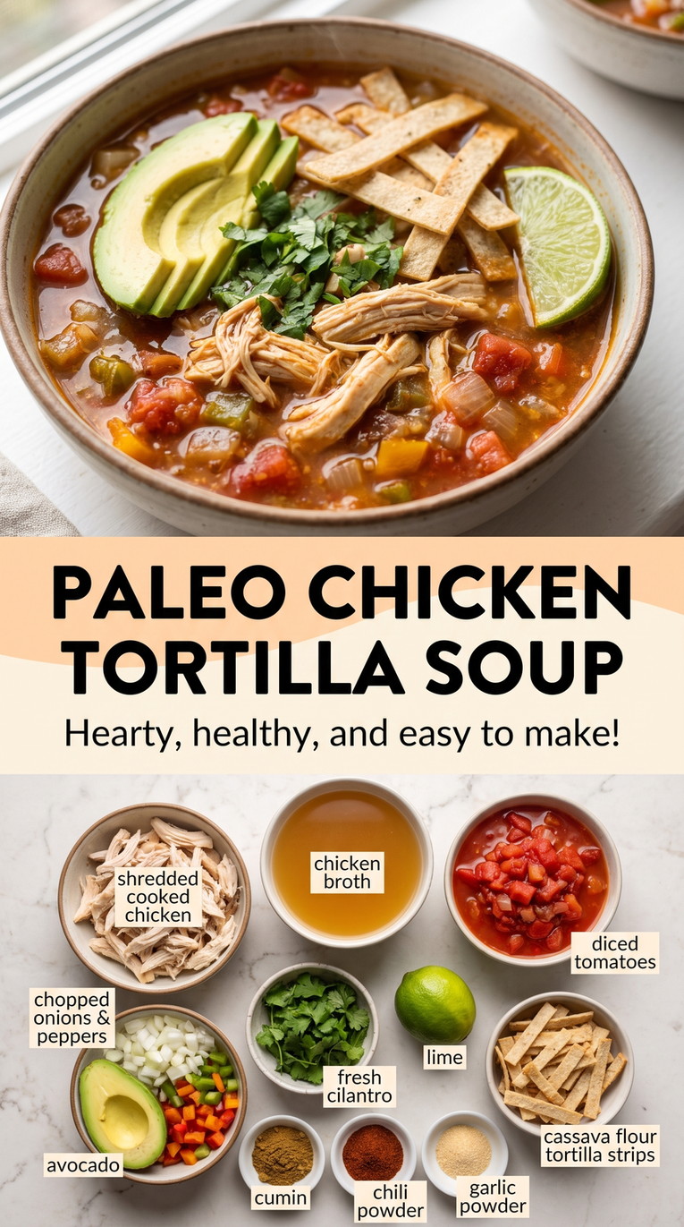 Paleo chicken tortilla soup showing a tomato-based chicken soup with corn, beans, avocado, and crisp tortilla strips
