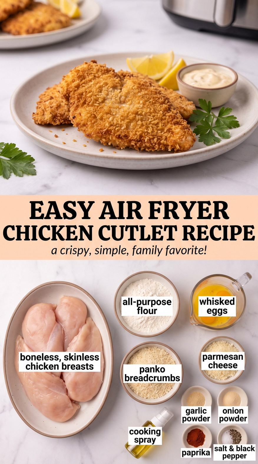 Easy Air Fryer Chicken Cutlets with Cornflake Crust prepared as a finished easy air fryer chicken cutlet recipe recipe with browned cutlets ready to serve
