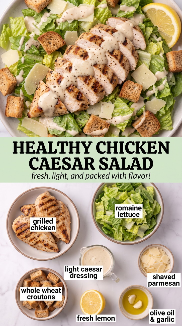 Light Grilled Chicken Caesar Salad - chicken with crisp romaine, Parmesan, Caesar dressing, and crunchy toppings