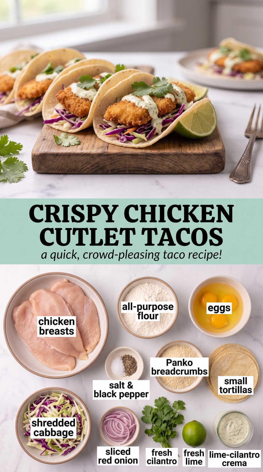 Chicken Cutlet Tacos Recipe showing crispy chicken cutlets tucked into small tortillas with cabbage, red onion, cilantro, lime and crema