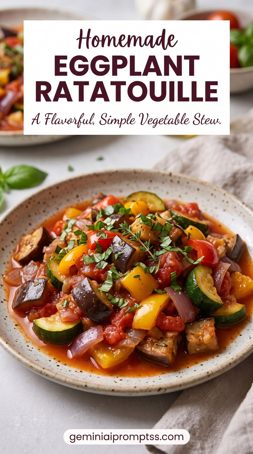 Classic Eggplant Ratatouille showing ratatouille with eggplant, zucchini, bell peppers, tomatoes, onion, and herbs