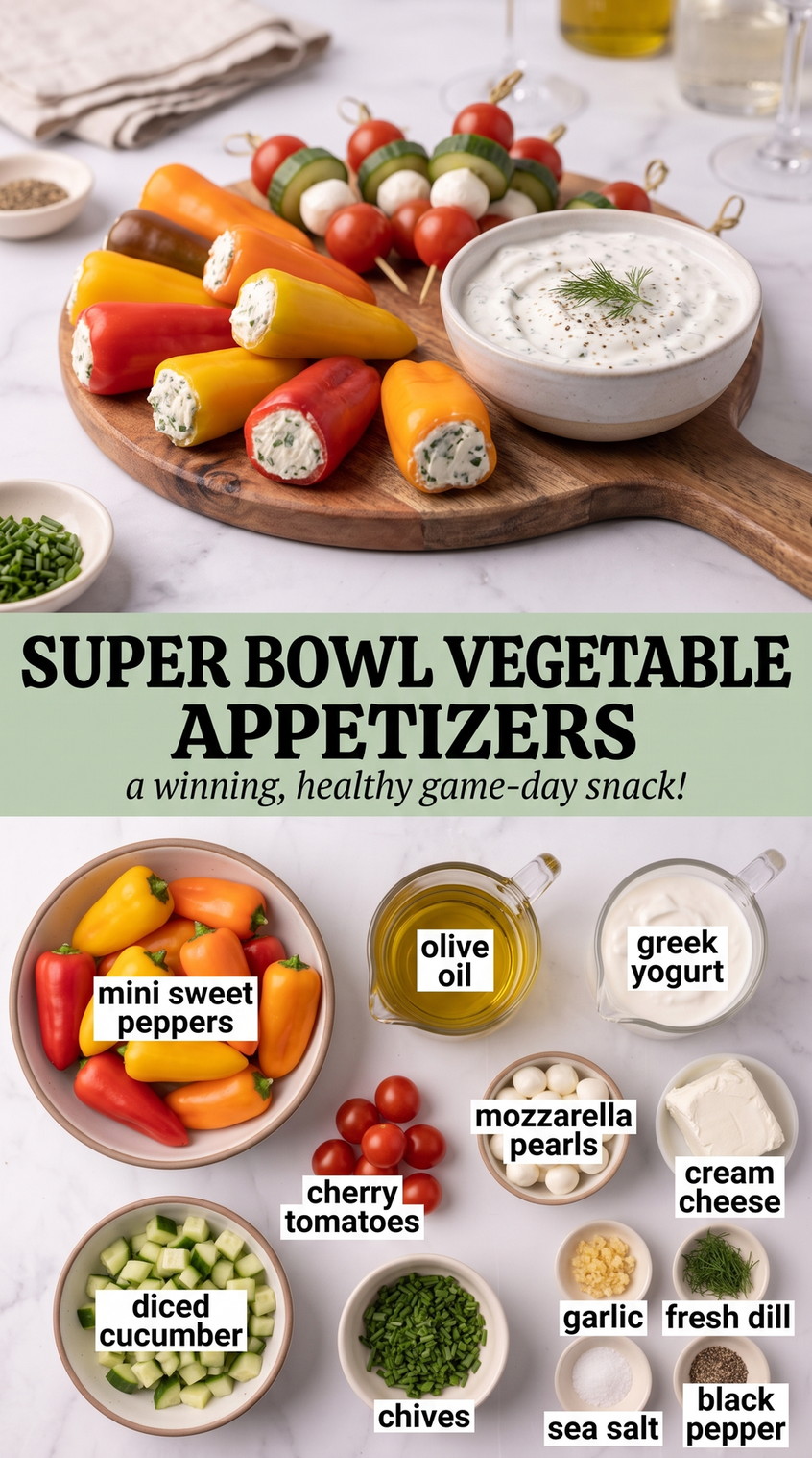 Super Bowl Vegetable Appetizers with a vegetable appetizer platter with cream-cheese stuffed mini peppers, tomato-mozzarella bites, cucumber, and herbed Greek-yogurt dip
