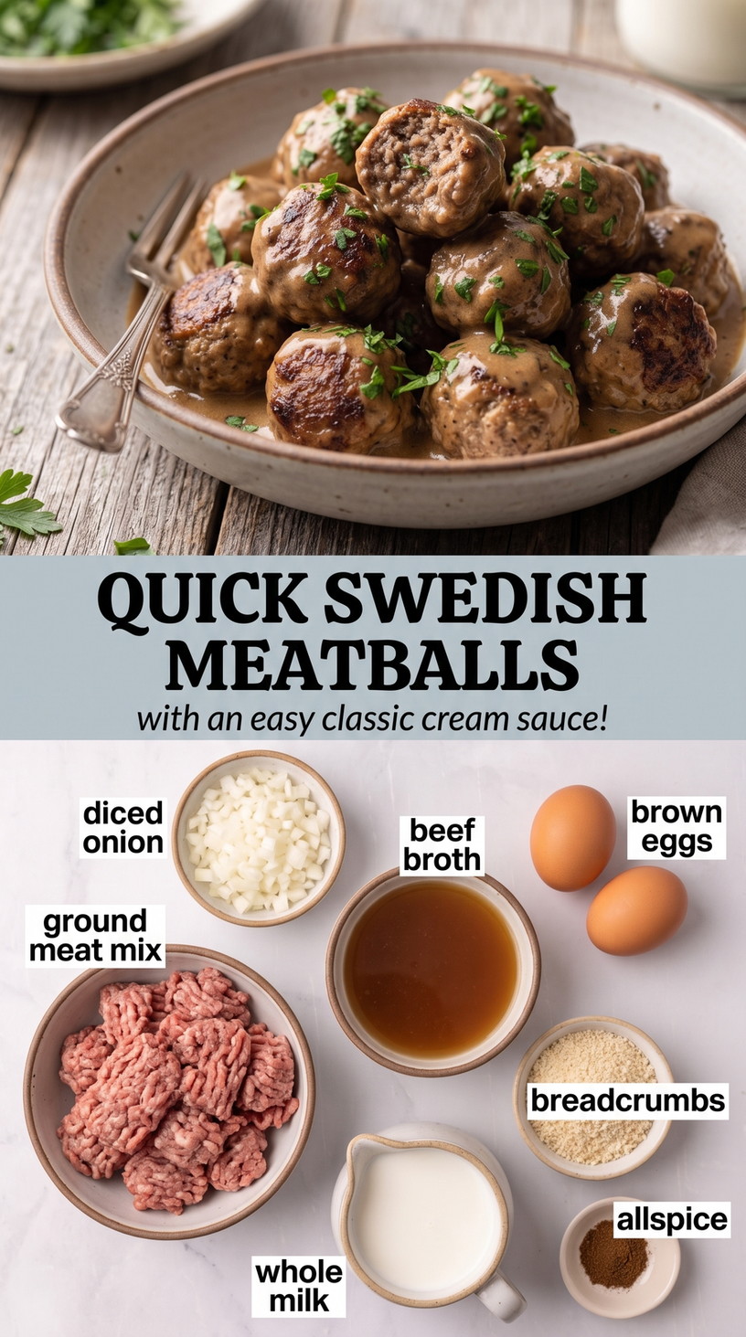 Quick Swedish meatballs finished dish made with diced onion, beef broth, and eggs