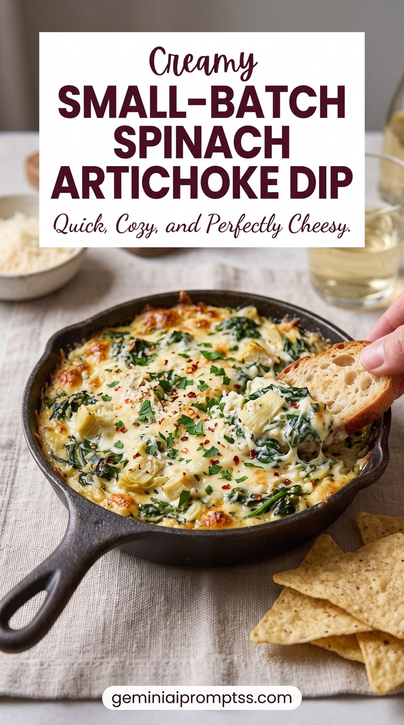 Small-batch spinach artichoke dip showing a scaled-down skillet dip with browned cheese, artichokes, spinach, parsley, and chili flakes