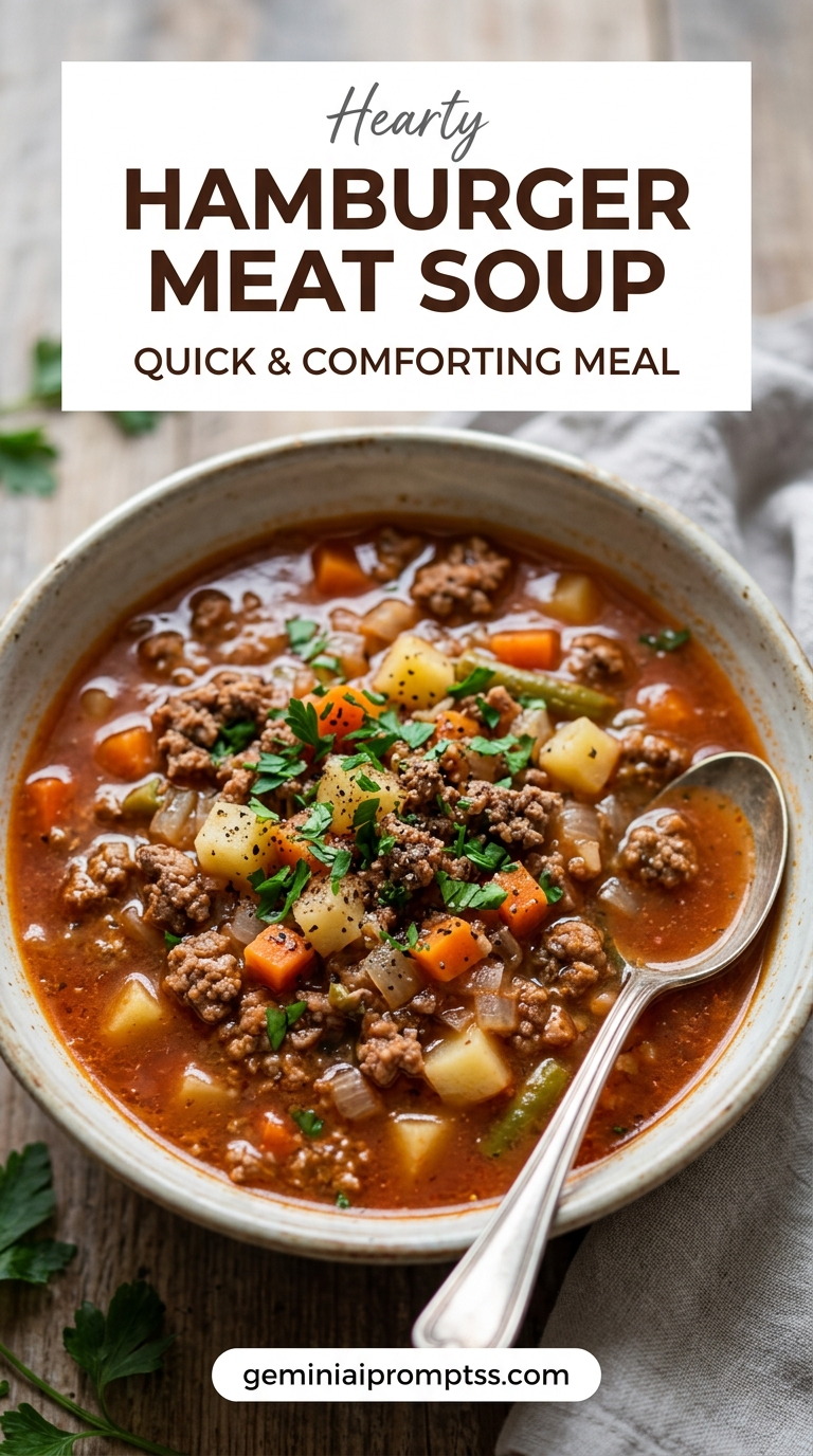 Hamburger Meat Soup Recipes showing a straightforward hamburger meat soup with beef, potatoes, carrots, celery, tomatoes, and parsley