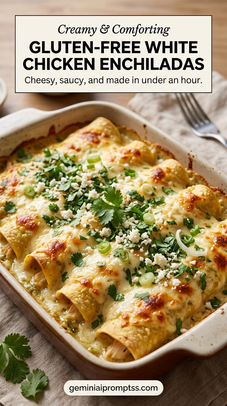 Gluten Free White Chicken Enchiladas finished dish with shredded chicken, melted cheese