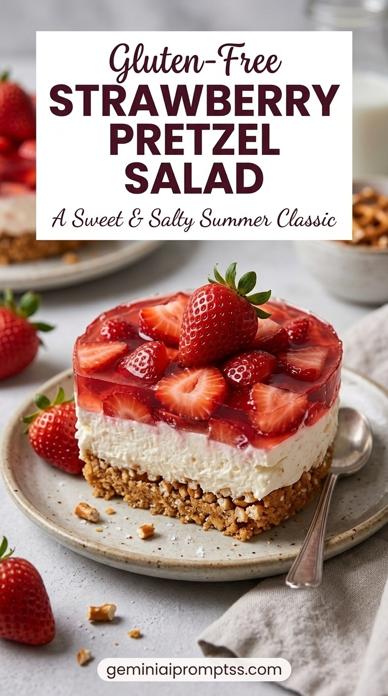 Gluten-free Strawberry Pretzel Salad showing a crisp pretzel crust, thick creamy center, glossy strawberries layer