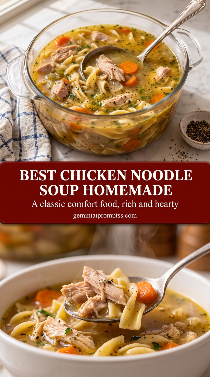 Best Chicken Noodle Soup Homemade with tender chicken, noodles, carrots, celery, clear golden broth, and a light herb finish