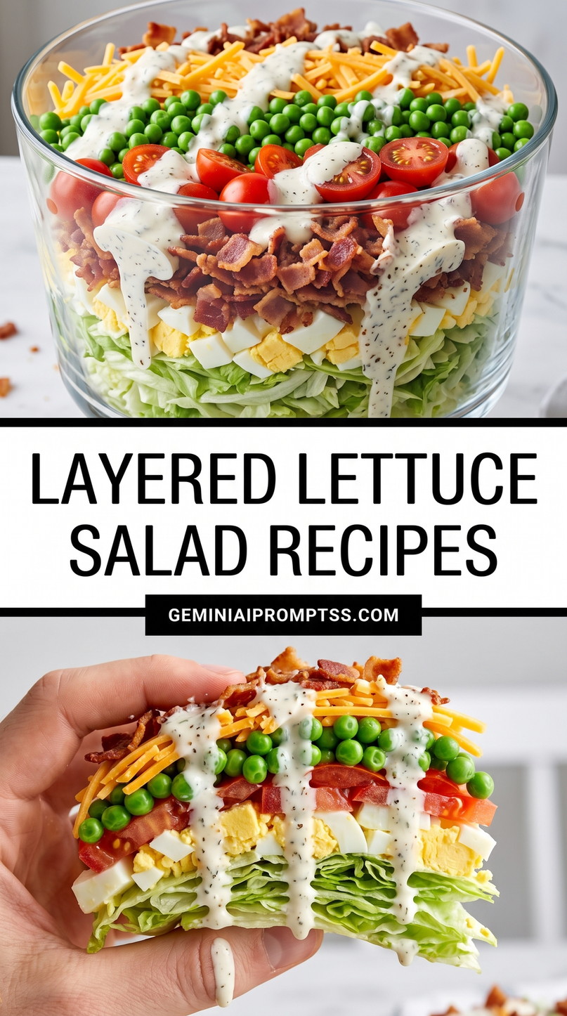Layered Lettuce Salad Recipes showing clear bowl with visible layers of lettuce, egg-like pale pieces, tomatoes, peas, creamy dressing, cheddar and bacon
