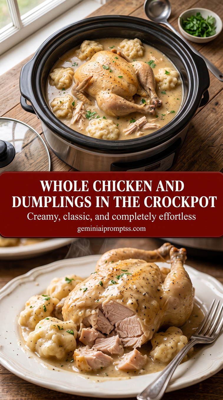 whole chicken and dumplings in the crockpot with a whole chicken cooked in creamy broth with soft dumplings and herbs, served with carved chicken pieces