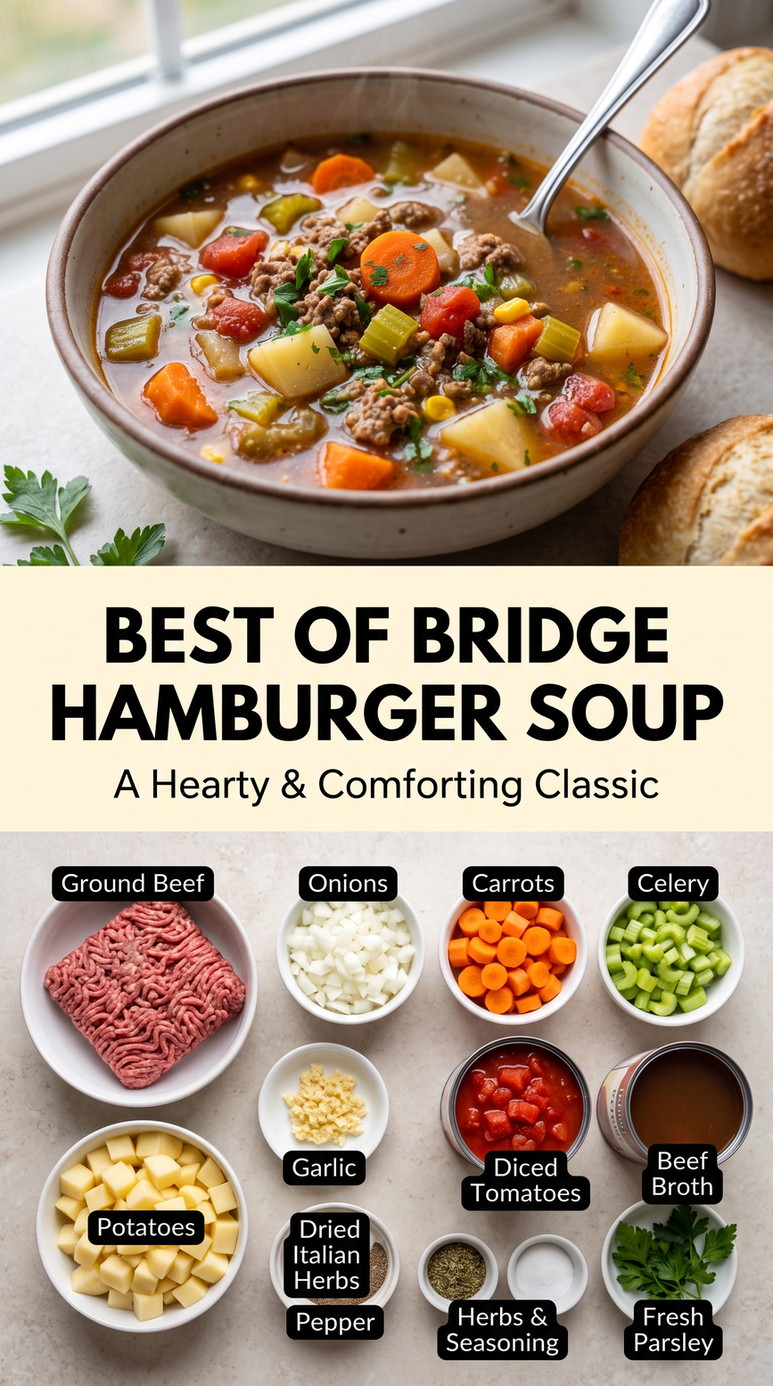 Best of Bridge Hamburger Soup with classic hamburger soup with beef, potatoes, carrots, celery, tomatoes, onion, garlic, and herbs