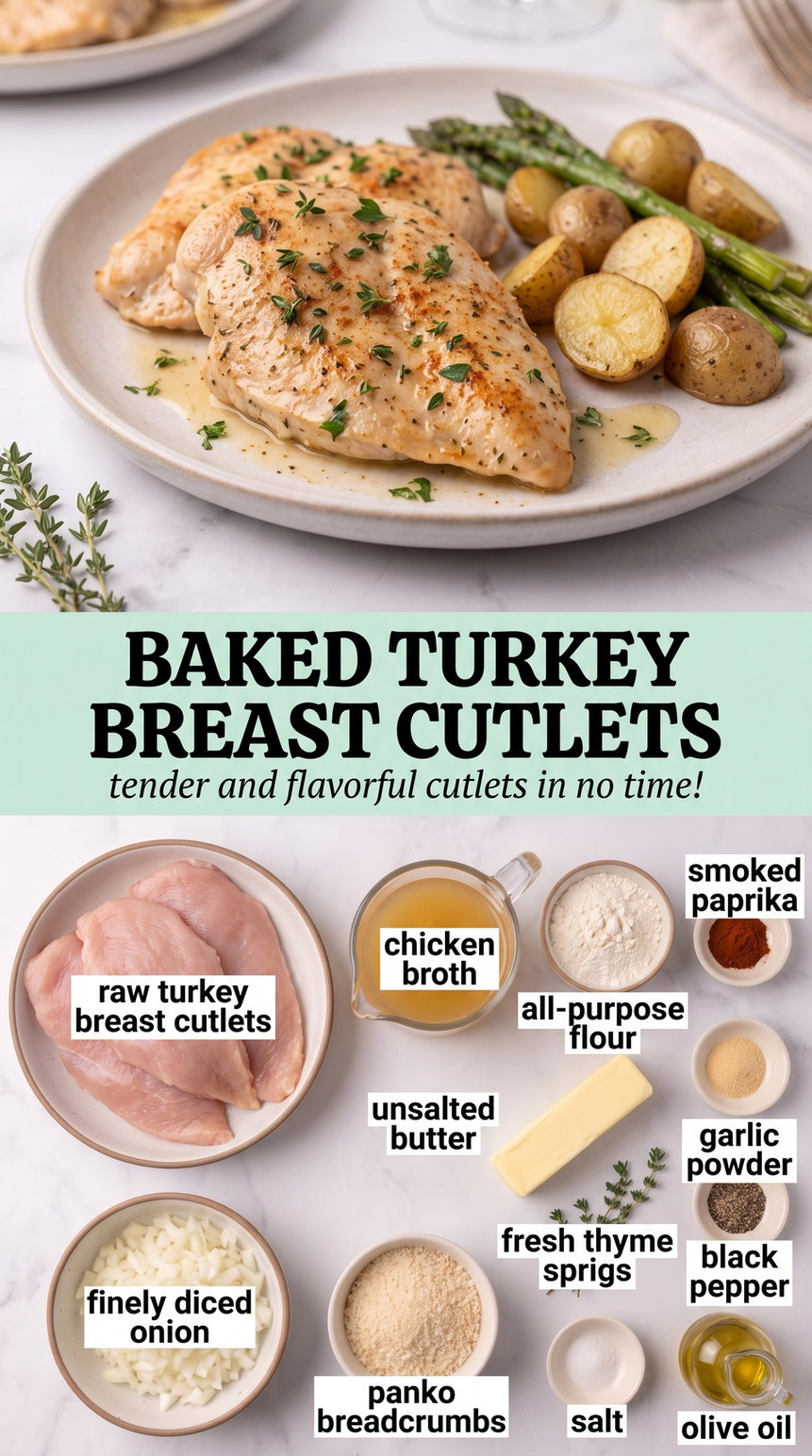Baked Turkey Breast Cutlets with Herb-Parmesan Topping prepared as a finished baked turkey breast cutlet recipe recipe with browned cutlets ready to serve