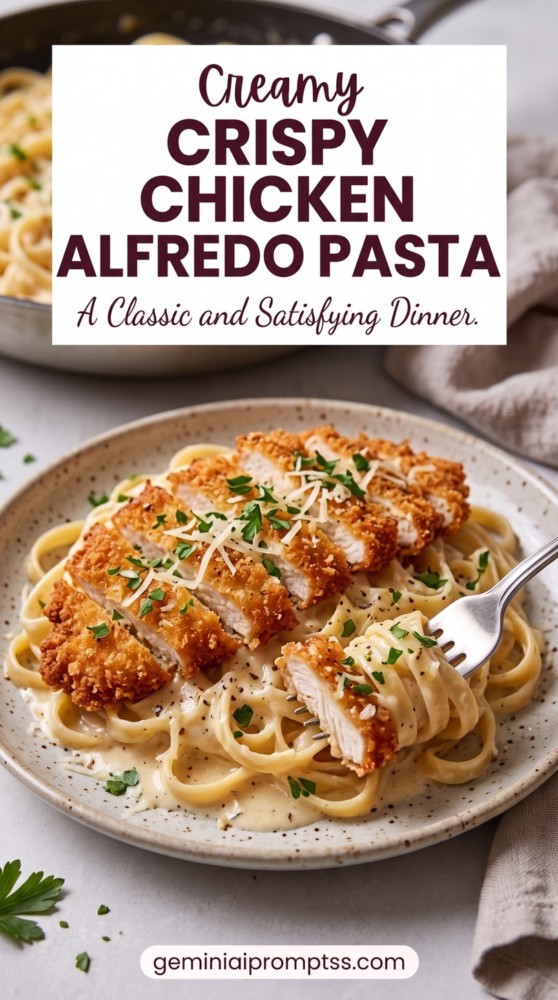 Crispy Chicken Alfredo Pasta with chicken, fettuccine, a creamy Parmesan sauce, grated cheese, and fresh green herb garnish