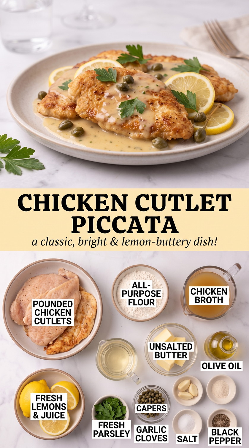 Chicken Cutlet Piccata Recipe showing golden chicken cutlets in a glossy lemon-butter caper sauce