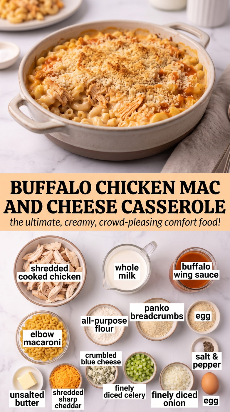 Buffalo Chicken Mac and Cheese Casserole with buffalo chicken macaroni with cheddar, blue cheese, celery, onion, and a crisp breadcrumb crust