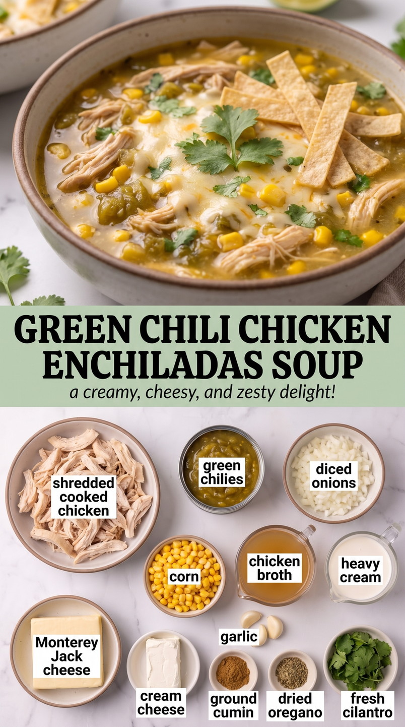 Green chili chicken enchiladas soup showing rolled chicken enchiladas covered with sauce and melted cheese