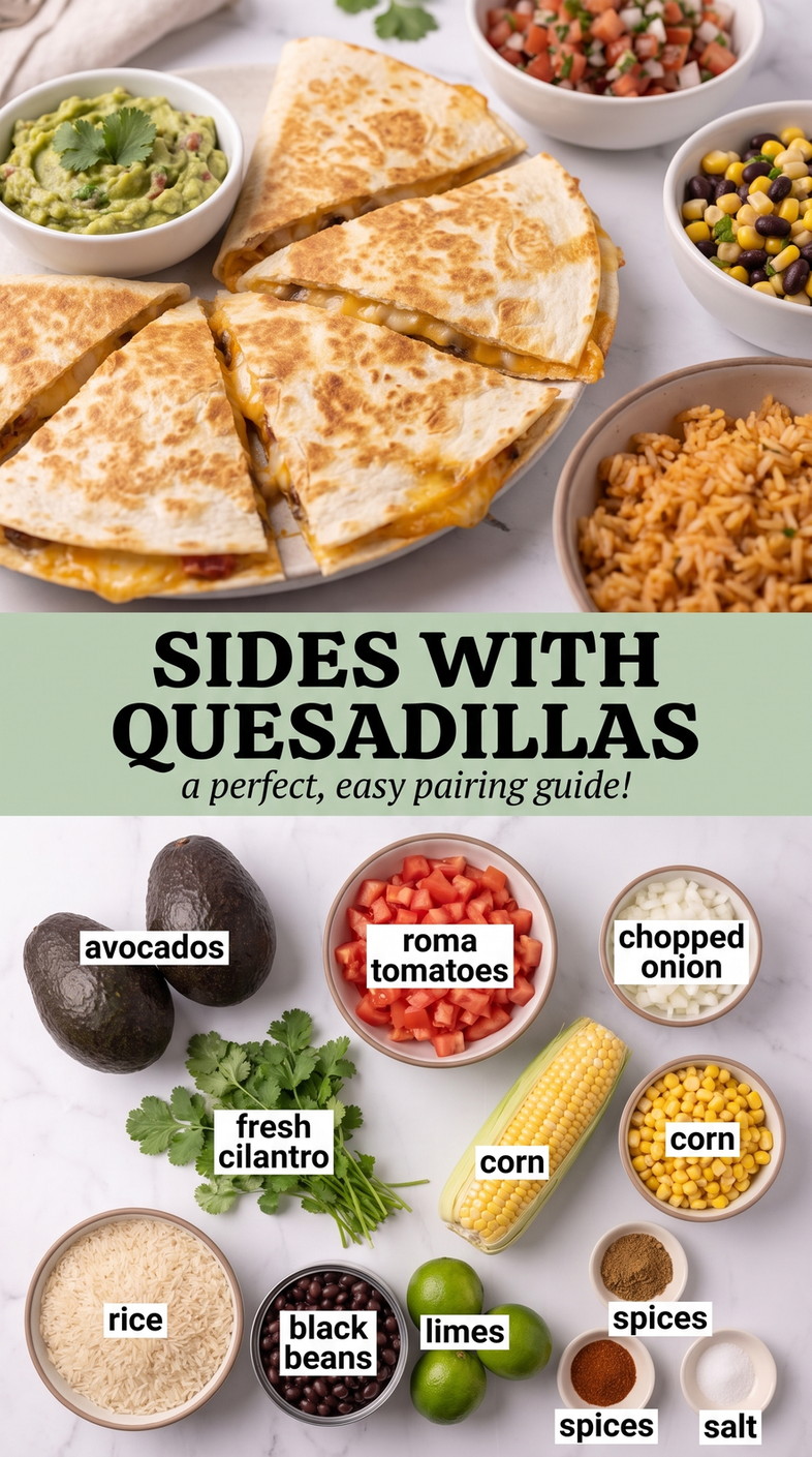 Sides With Quesadillas - colorful rice, beans, corn, tomato, lime, and avocado served beside quesadillas