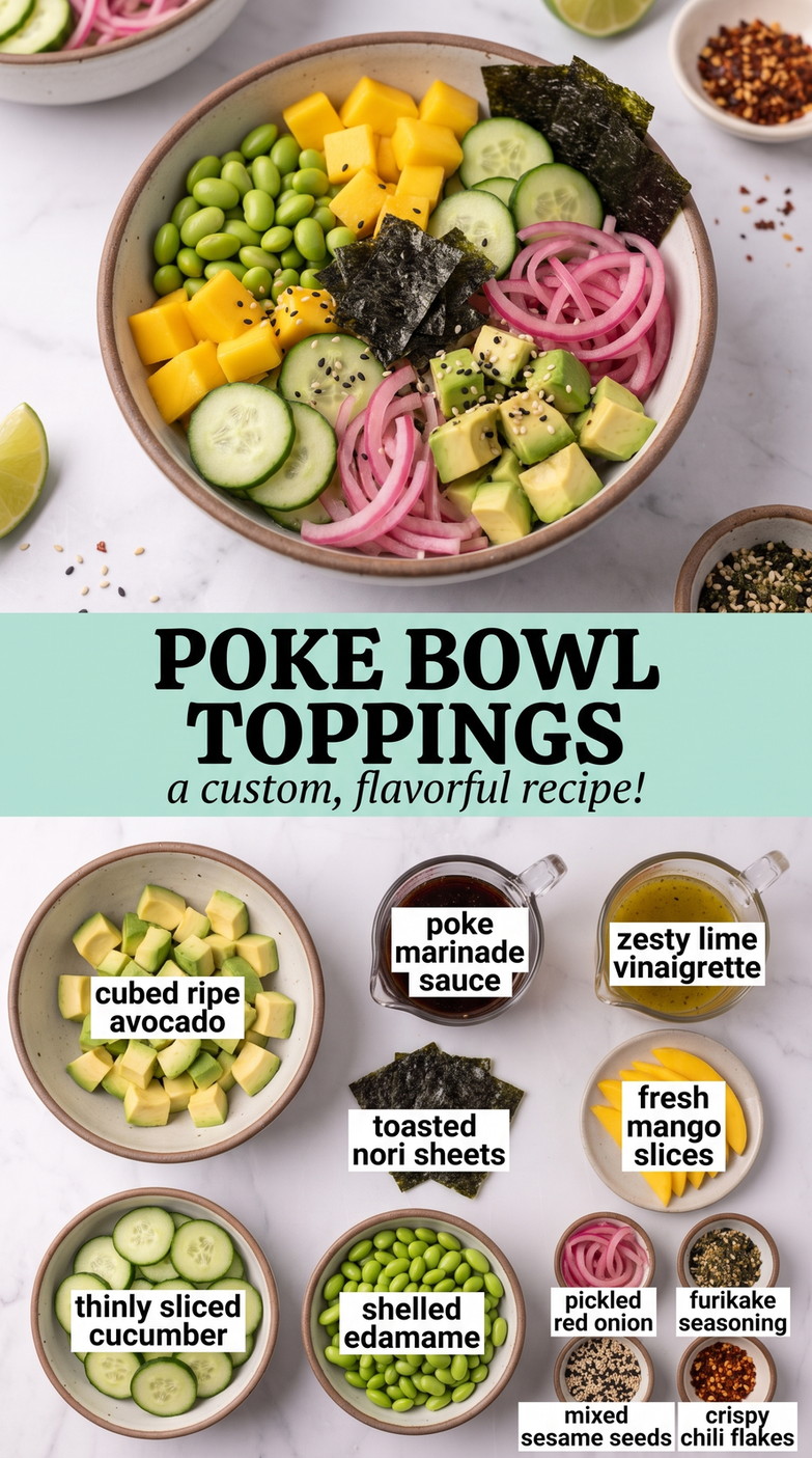 Poke Bowl Toppings showing avocado, cucumber, edamame, mango, pickled onion, nori, furikake, ginger, and sesame toppings