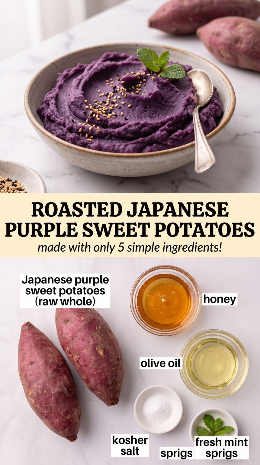 Japanese purple sweet potato recipe finished dish made with Japanese purple sweet potatoes, honey, and olive oil
