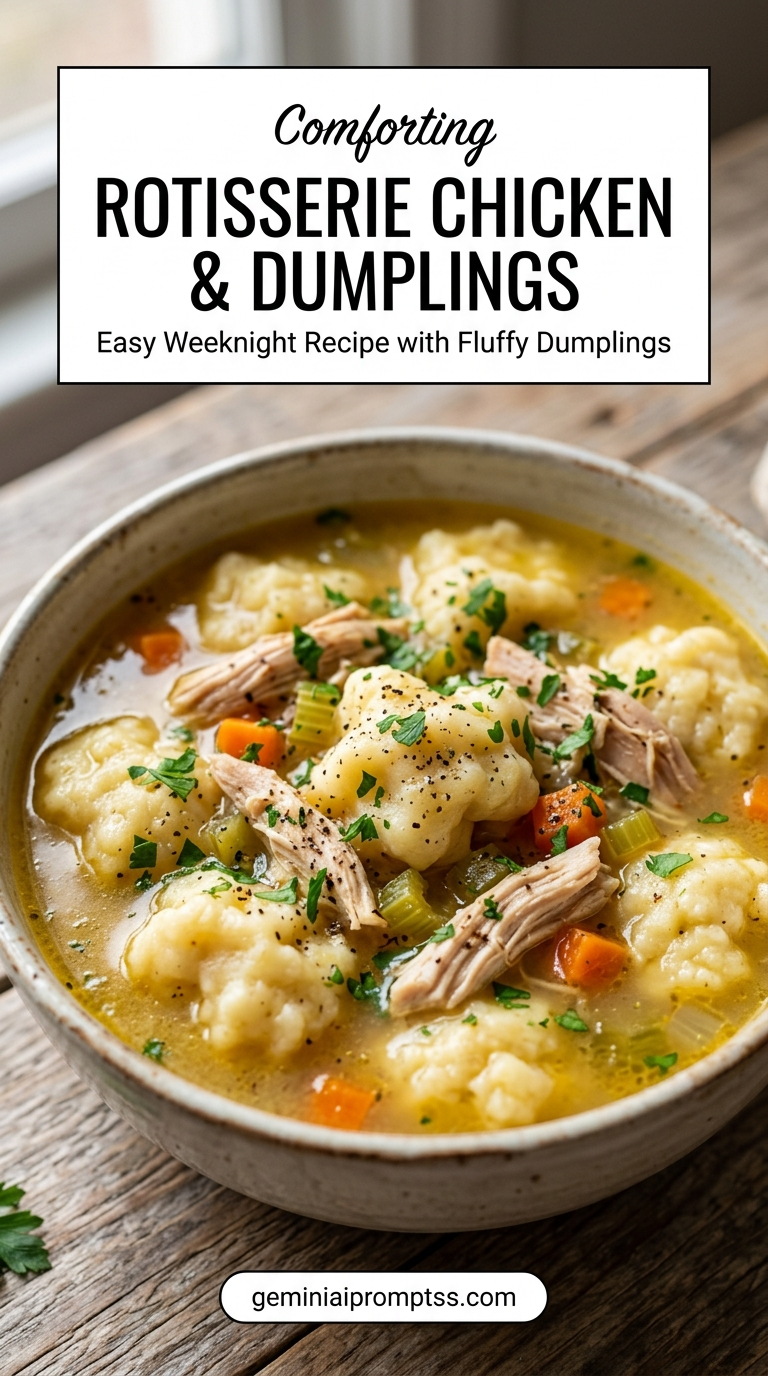 Rotisserie Chicken and Dumplings showing rotisserie chicken in a light golden broth with carrots, peas, fluffy dumplings, and green herbs