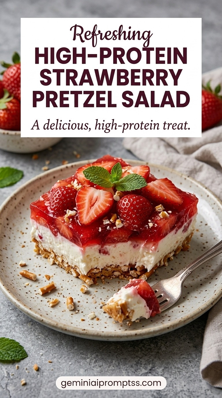High-protein Strawberry Pretzel Salad showing a crisp pretzel crust, thick creamy center, glossy strawberries layer