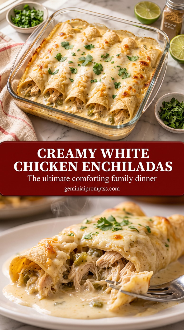 Creamy White Chicken Enchiladas with rolled chicken enchiladas with a creamy pale sauce and melted cheese