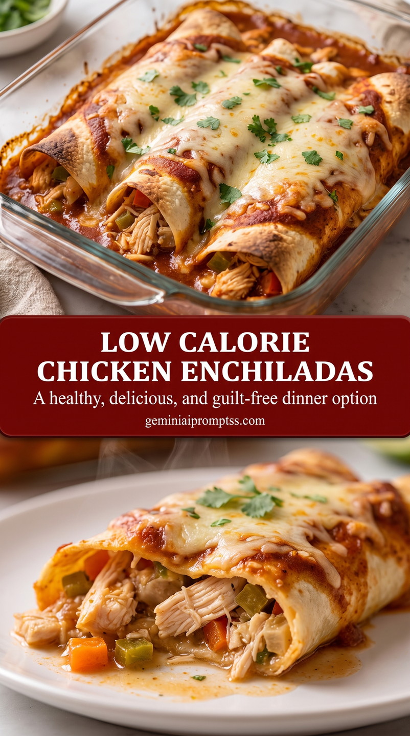 Low calorie chicken enchiladas showing baked chicken enchiladas covered with bubbling sauce and melted cheese