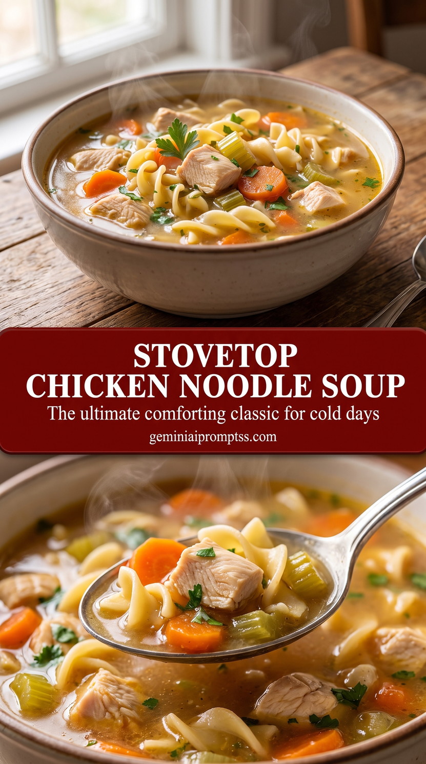 stovetop chicken noodle soup with dill and peas with carrots, celery, peas, dill, and egg noodles