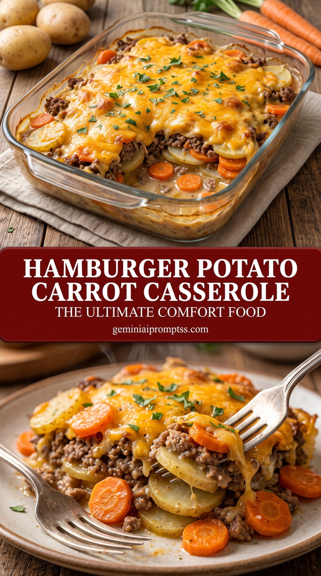 hamburger potato carrot casserole with a hamburger casserole with sliced potatoes, carrot rounds, ground beef, onion, melted cheese, and herbs