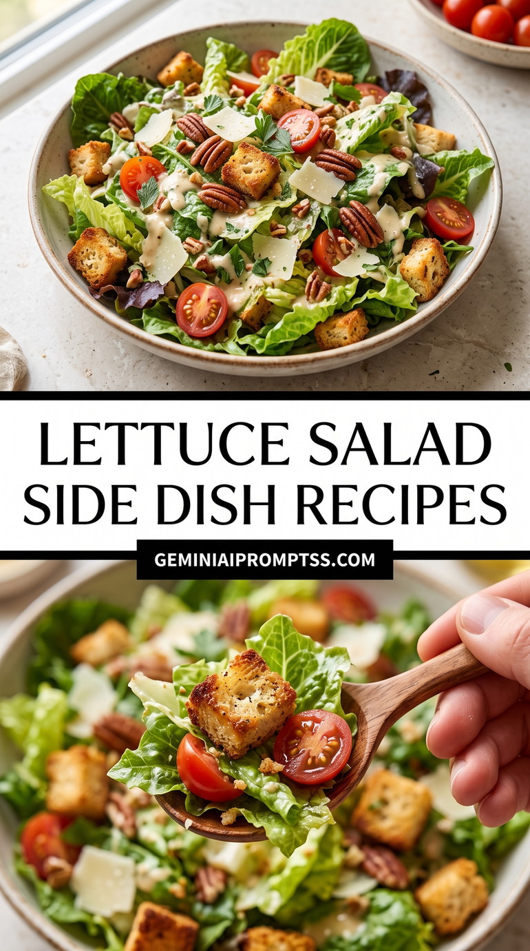 Lettuce Salad Side Dish Recipes showing simple lettuce side salad with tomatoes, croutons, cheese and toasted nuts